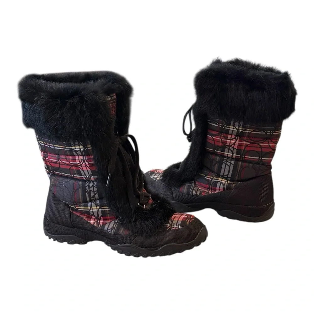 COACH Jennie Tartan Plaid Rabbit Fur Trim Lace Up Winter Snow Boots Size 9 - Picture 2 of 9